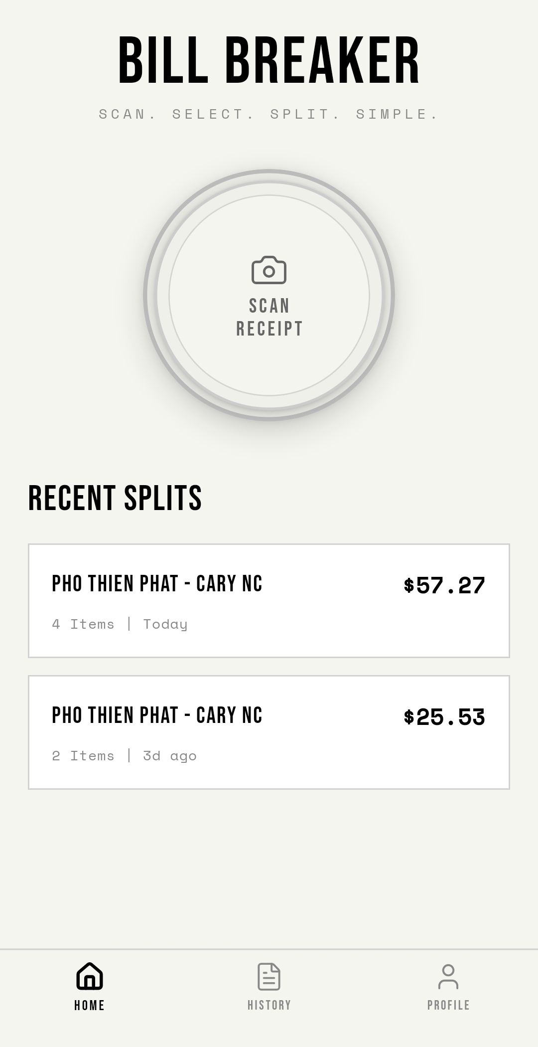 SCAN RECEIPT and RECENT SPLITS list